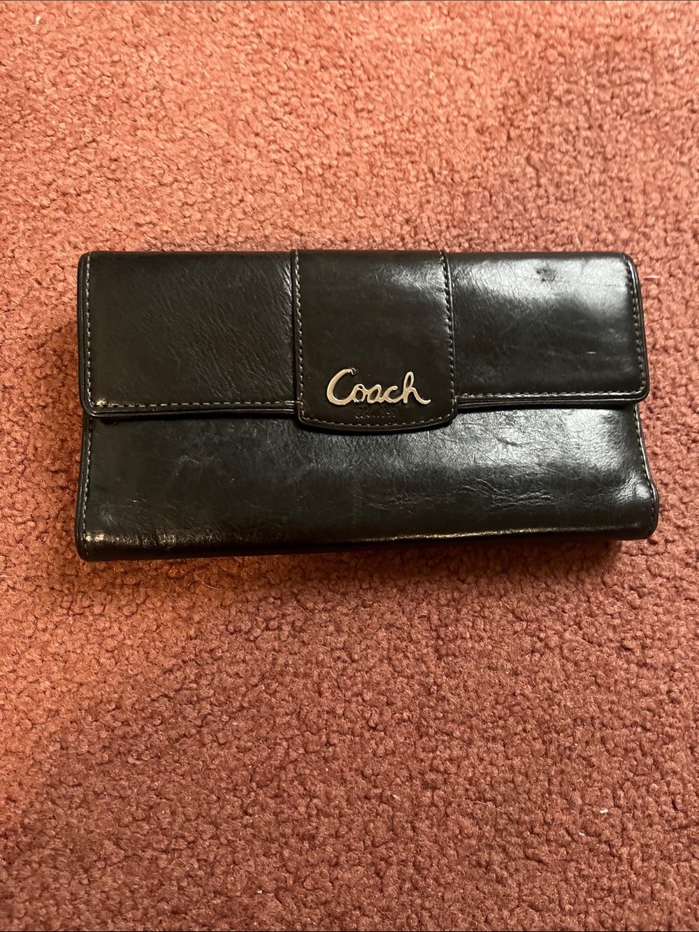 Coach Black Leather Snap-Flap Wallet with Script Logo